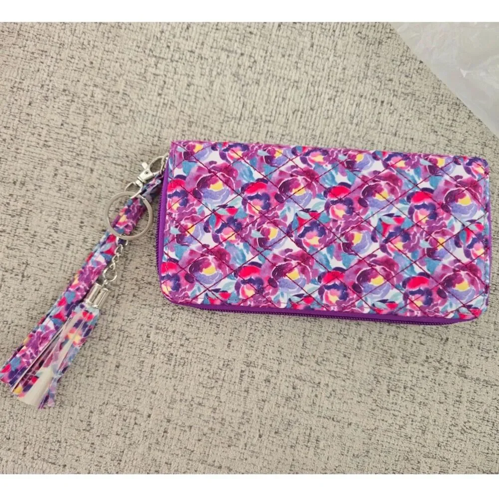 Quilted Floral RFID Wallet Wristlet Purple Pink Blue Zip Organizer